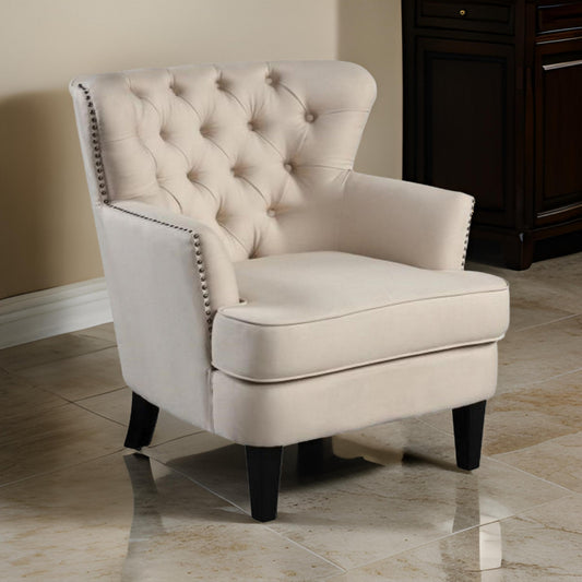 35 Inch Accent Chair Beige Tufted Fabric Upholstery Black Wood Legs By Casagear Home BM311918