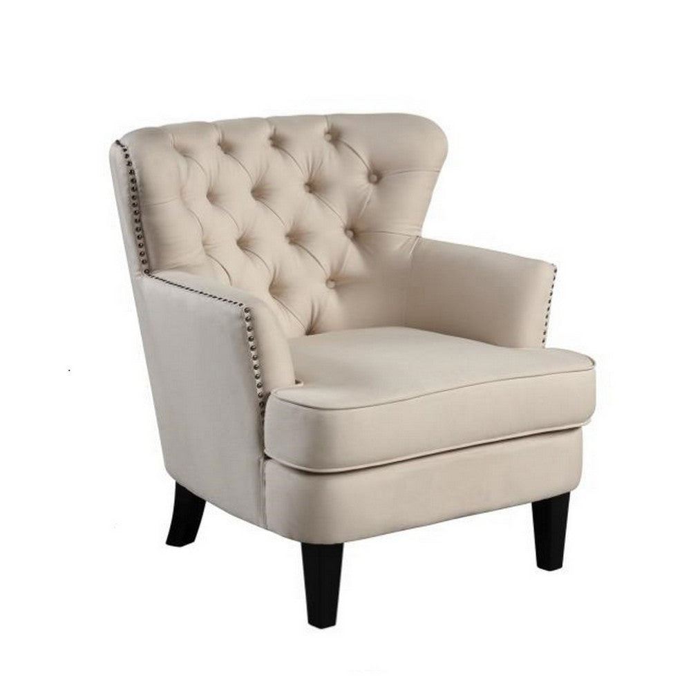 35 Inch Accent Chair, Beige Tufted Fabric Upholstery, Black Wood Legs By Casagear Home