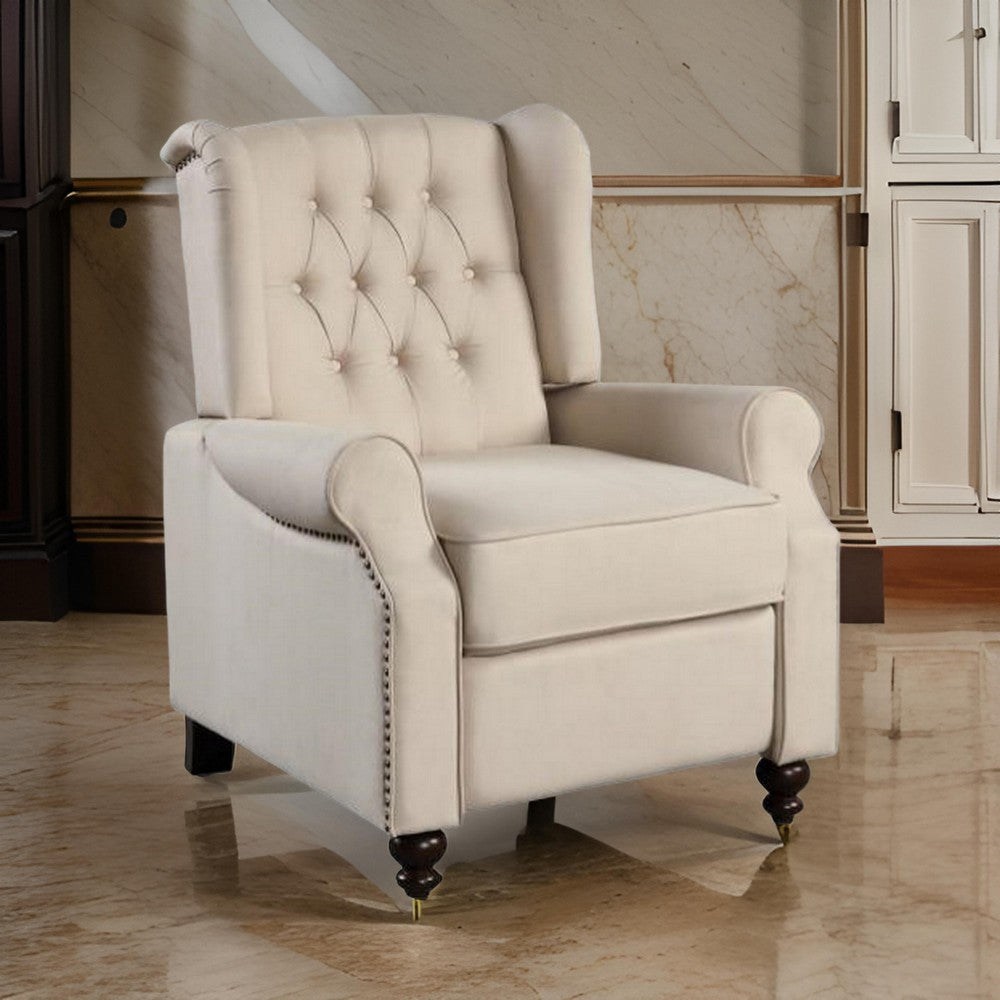 35 Inch Push Back Recliner Chair Beige Tufted Fabric Black Wood Legs By Casagear Home BM311919