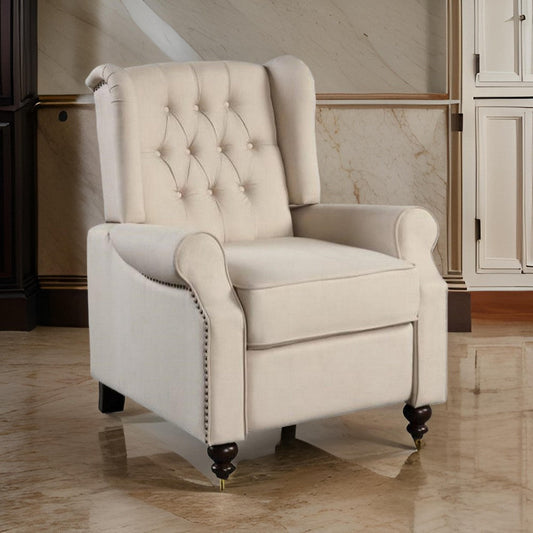 35 Inch Push Back Recliner Chair Beige Tufted Fabric Black Wood Legs By Casagear Home BM311919