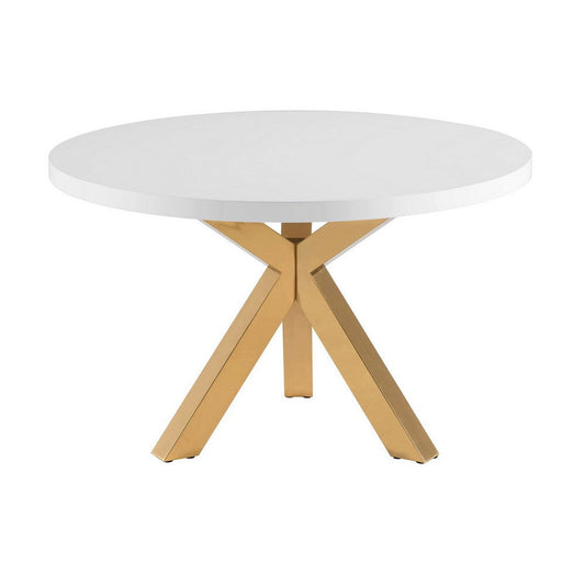 48 Inch Accent Table, Round White Lacquer Top, Angled Gold Metal Legs By Casagear Home