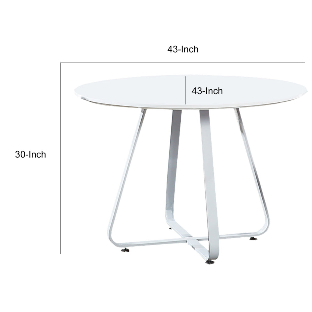 43 Inch Dining Table Round High Gloss White Top and Angled Metal Legs By Casagear Home BM311924