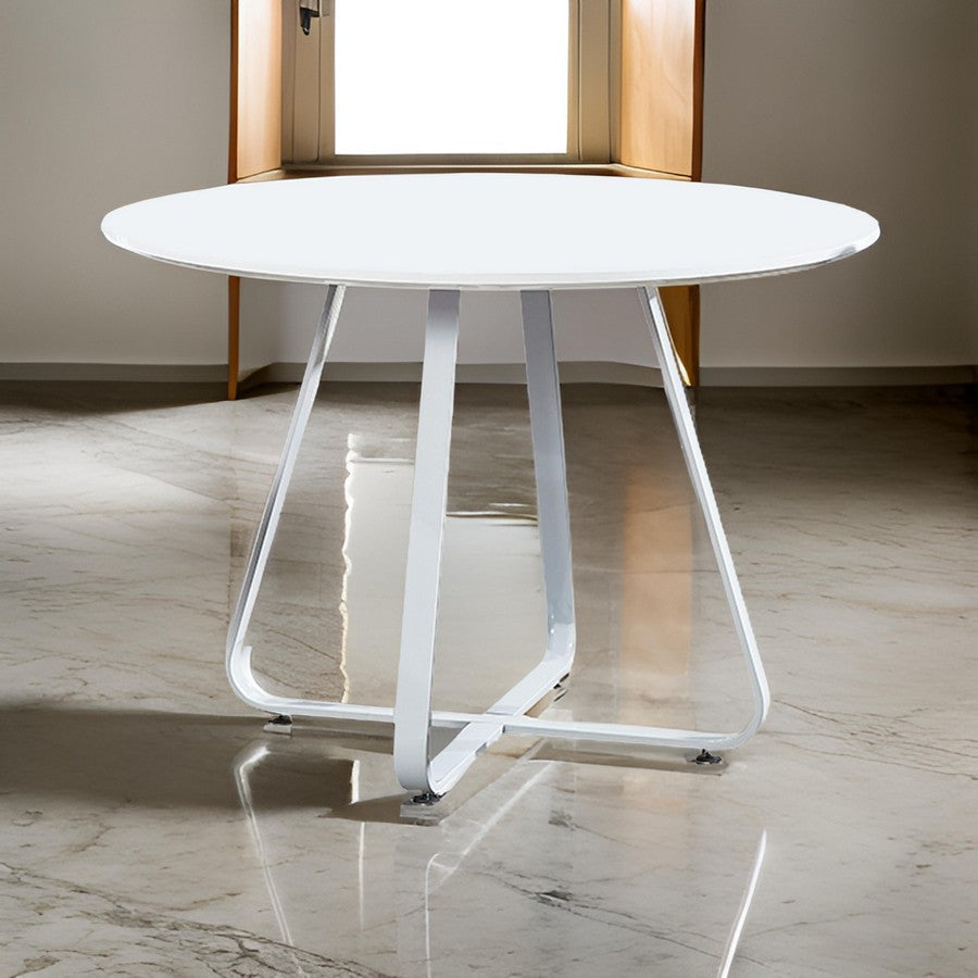 43 Inch Dining Table Round High Gloss White Top and Angled Metal Legs By Casagear Home BM311924