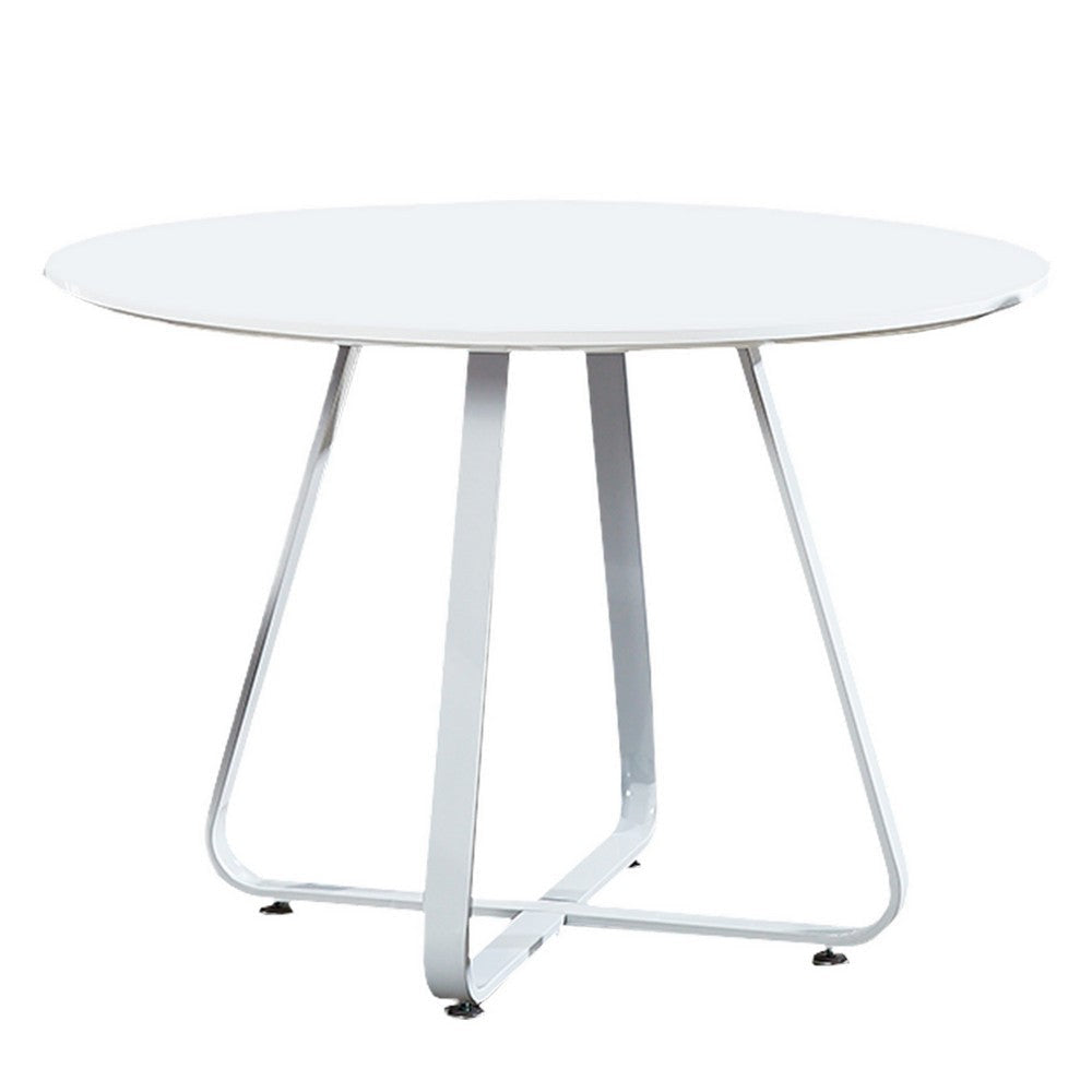 43 Inch Dining Table, Round High Gloss White Top and Angled Metal Legs By Casagear Home