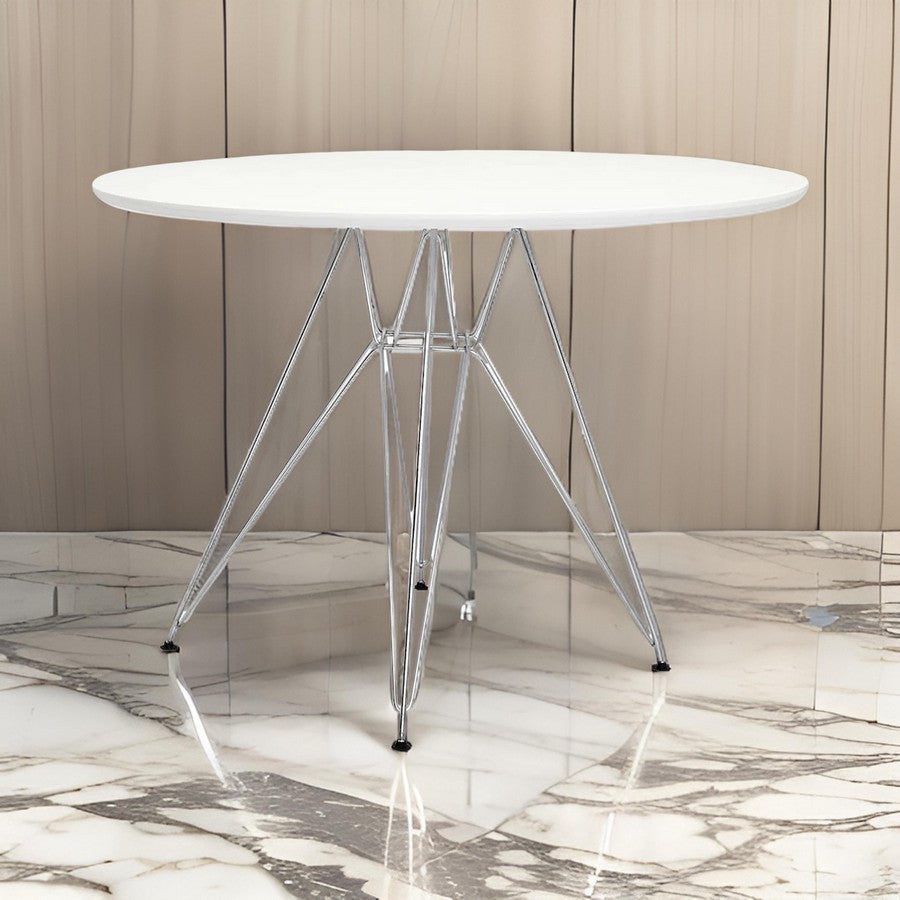 Riha 36 Inch Dining Accent Table Round Top Angled Chrome Legs White By Casagear Home BM311926