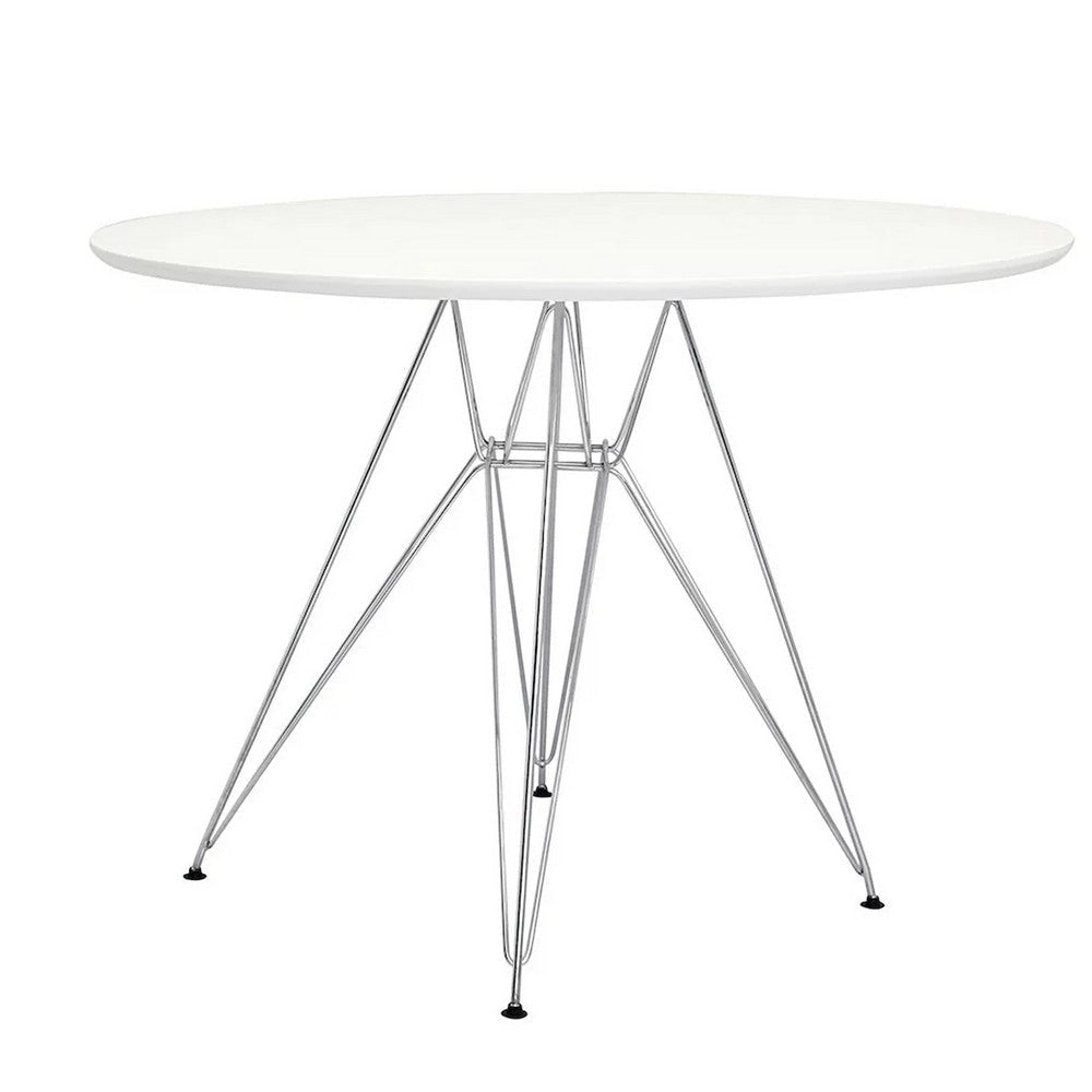 Riha 36 Inch Dining Accent Table, Round Top, Angled Chrome Legs, White By Casagear Home