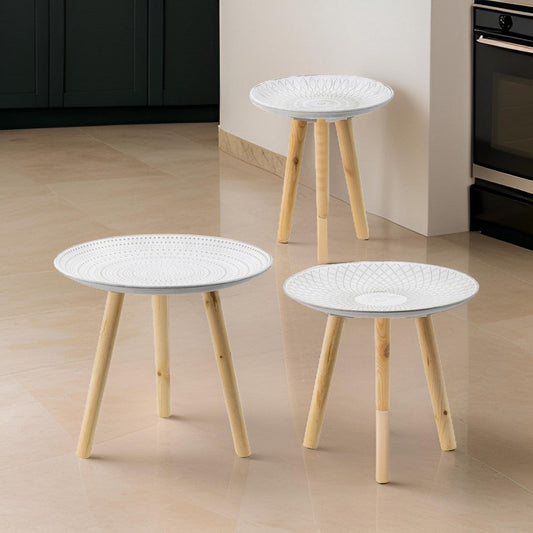 12, 16, 18 Inch Side Tables Set of 3, White Finished Pattern MDF Top, Brown By Casagear Home