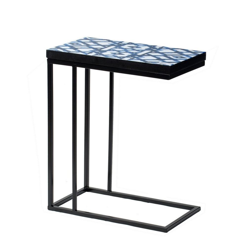 24 Inch Side Table C Shaped Indigo Patterned Top Iron Frame Black By Casagear Home BM311931