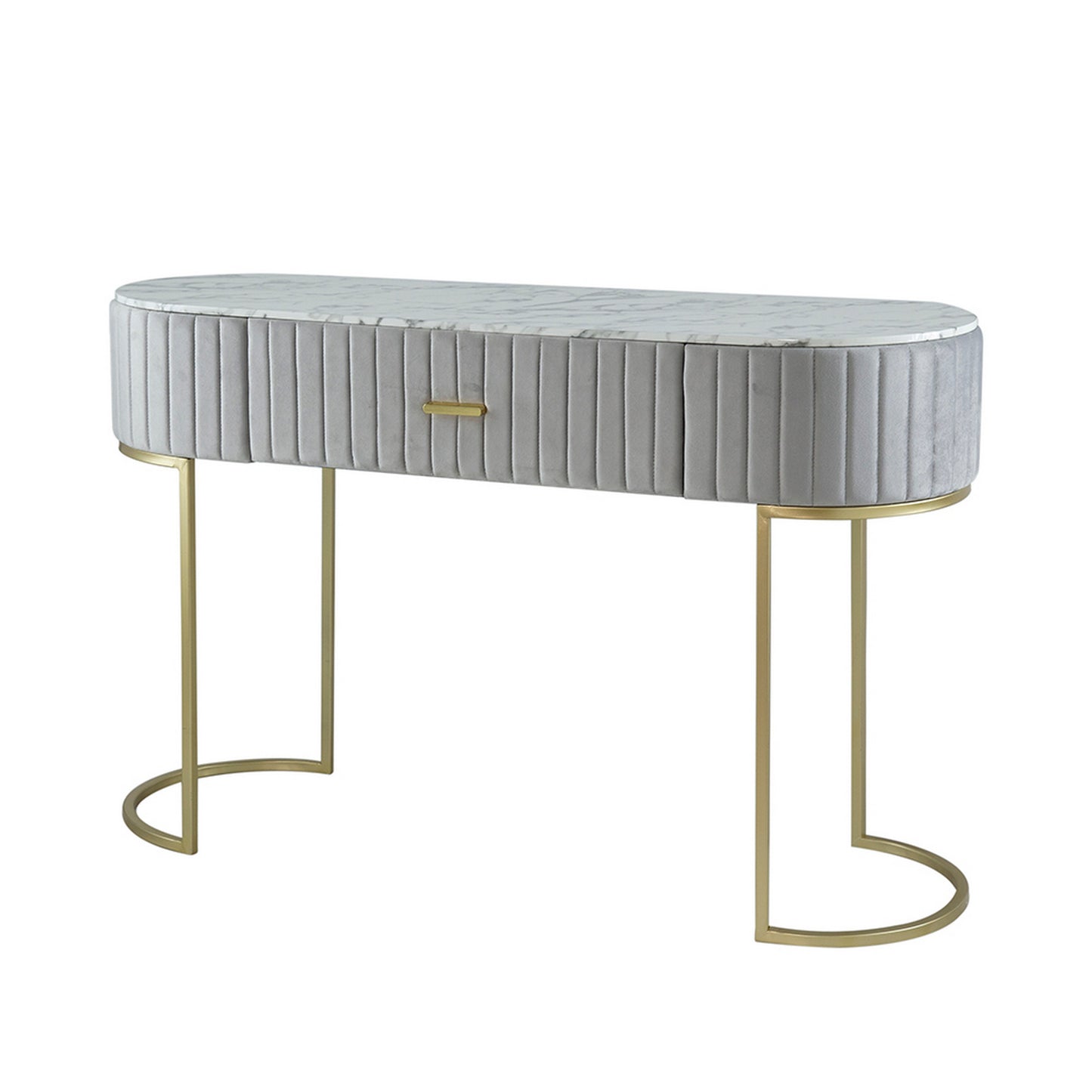 Jeah 47 Inch Console Table 1 Drawer Curved Gold Iron Base Gray Fabric By Casagear Home BM311938