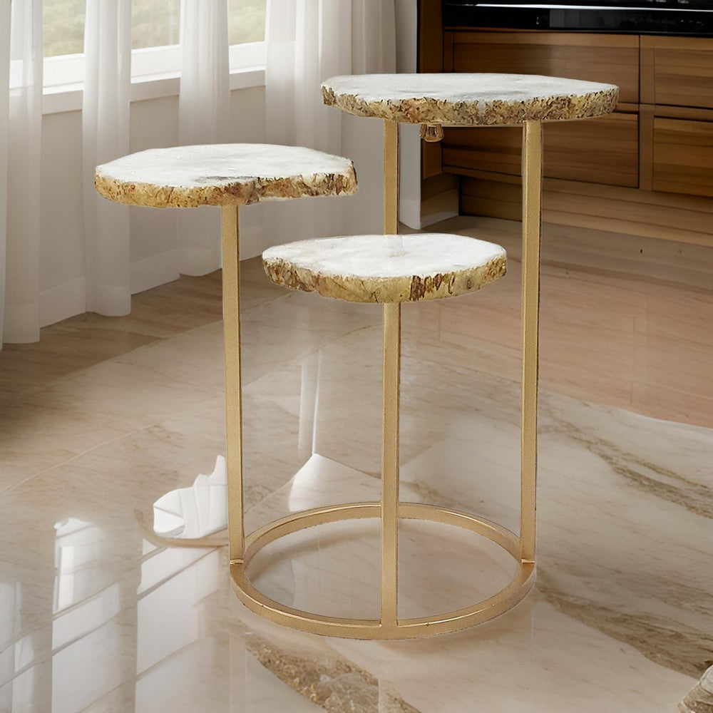 18 Inch Accent Side Table, 3 Tier Design, White Agate Top, Gold Iron Base By Casagear Home