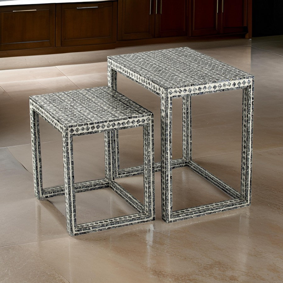 Set of 2 Nesting Side End Tables Capiz Inlaid Design Gray and White By Casagear Home BM311954