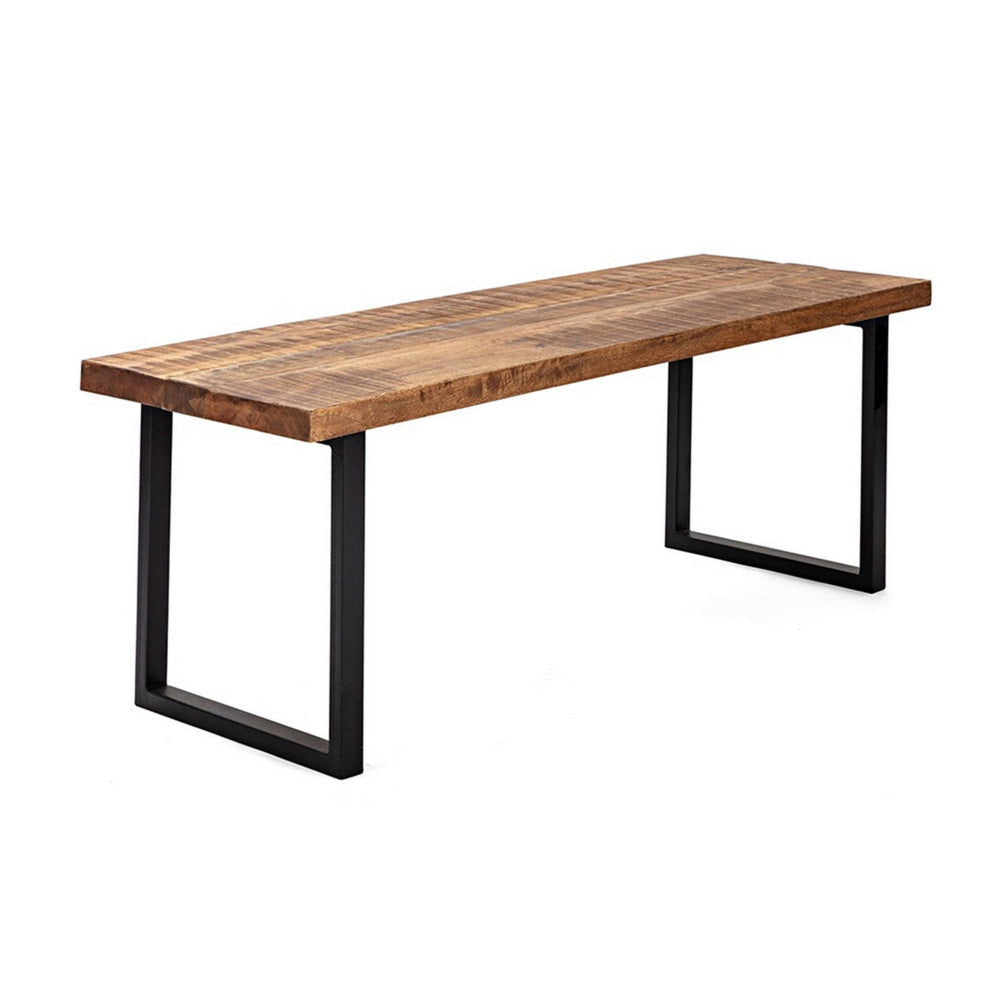 52 Inch Side Dining Bench Black Iron Base Mango Wood Natural Brown By Casagear Home BM311959