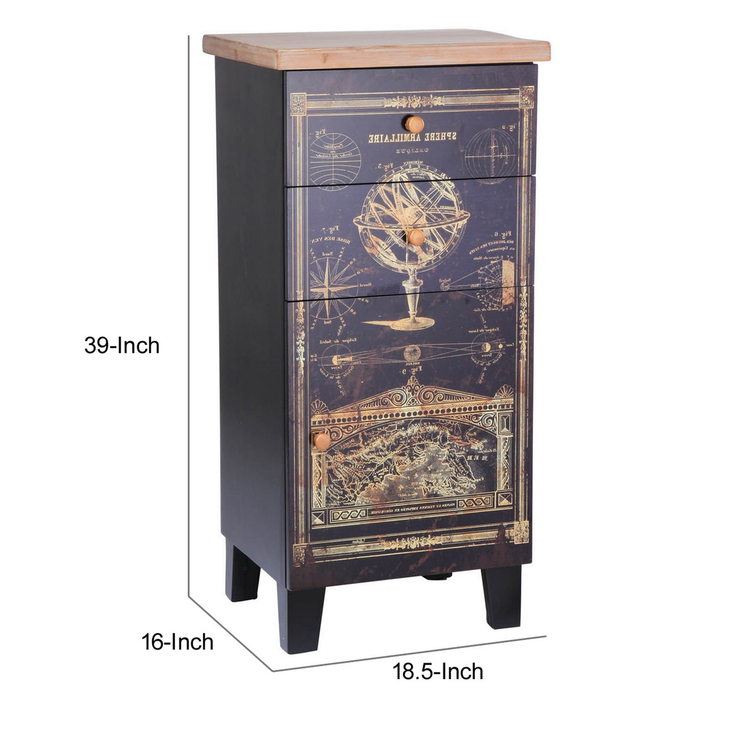 39 Inch Small Accent Cabinet 2 Drawers Door Celestial Design Black By Casagear Home BM311964