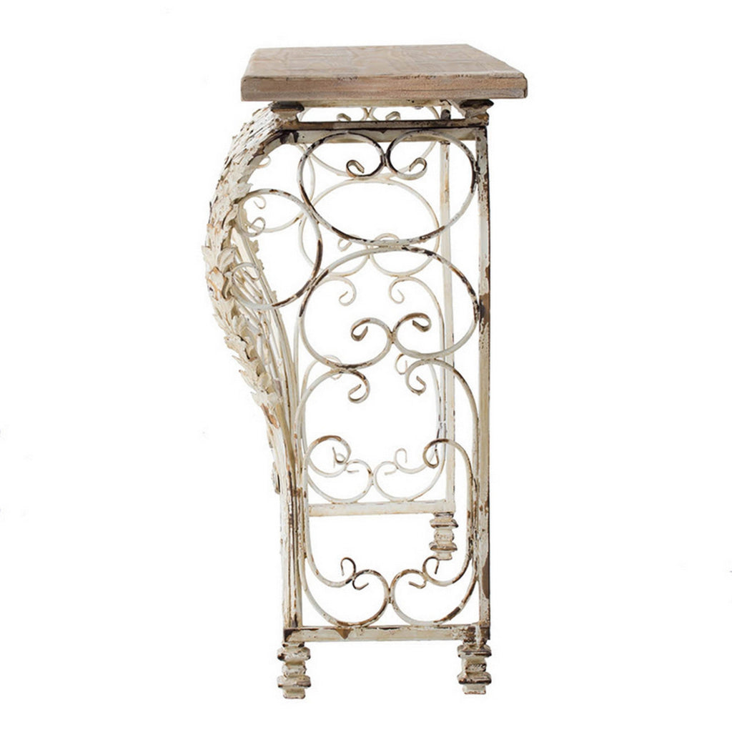 55 Inch Console Sofa Table with Scrollwork Iron Curved Base Wood White By Casagear Home BM311965