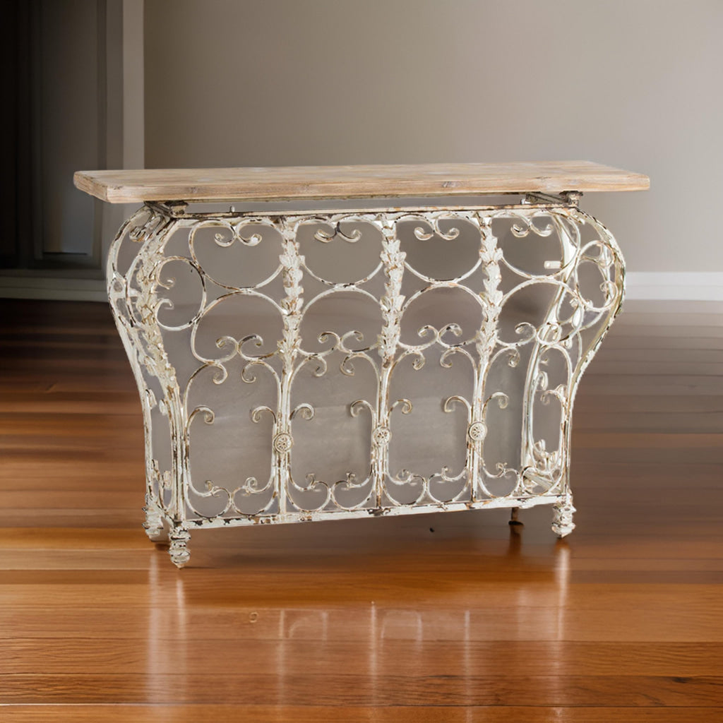 55 Inch Console Sofa Table with Scrollwork Iron Curved Base Wood White By Casagear Home BM311965