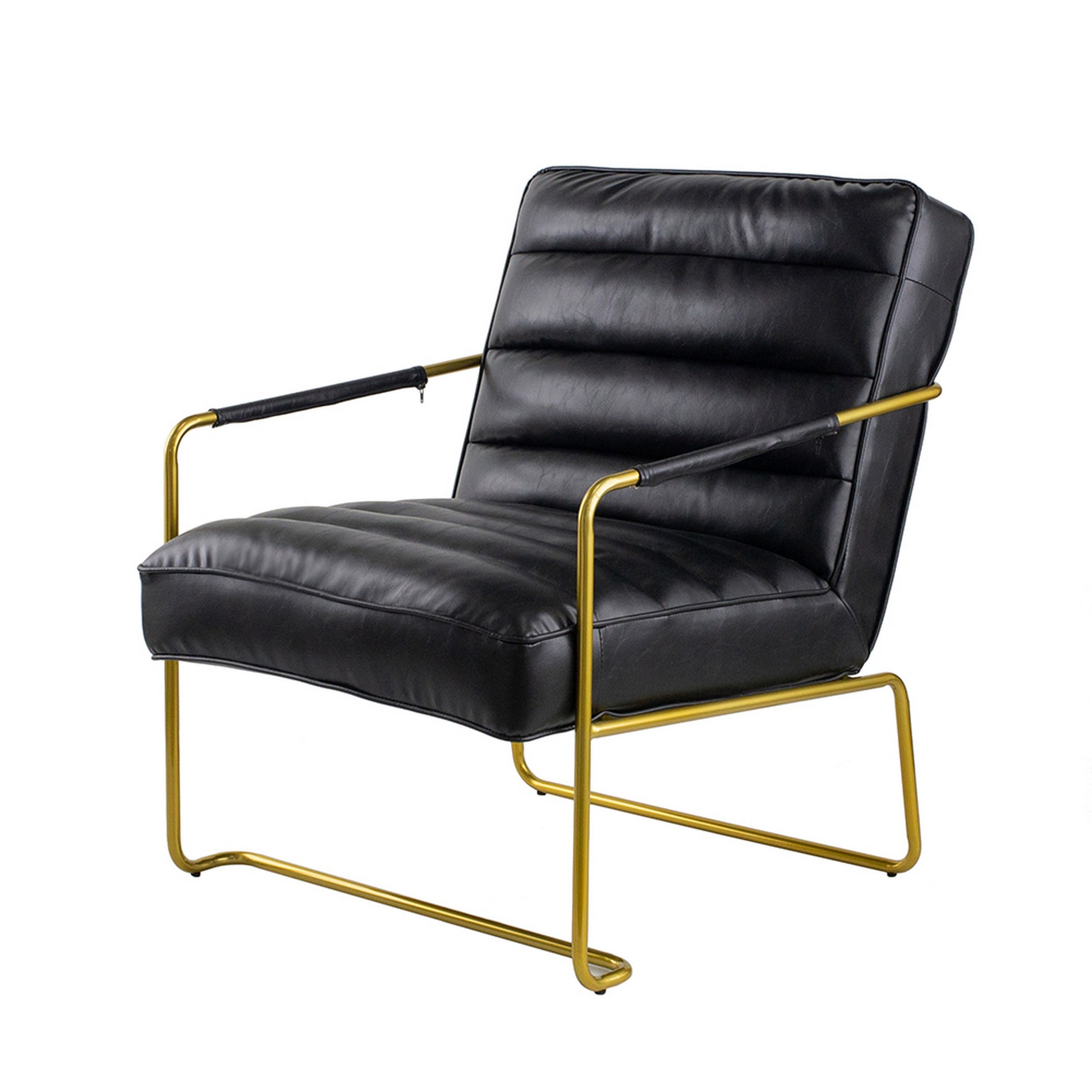 30 Inch Accent Chair Gold Iron Frame Channel Tufted Black Faux Leather By Casagear Home BM311972