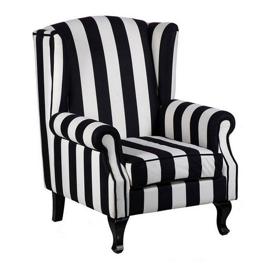 35 Inch Accent Armchair, Black and White Stripes, Wingback, Wood and Foam By Casagear Home