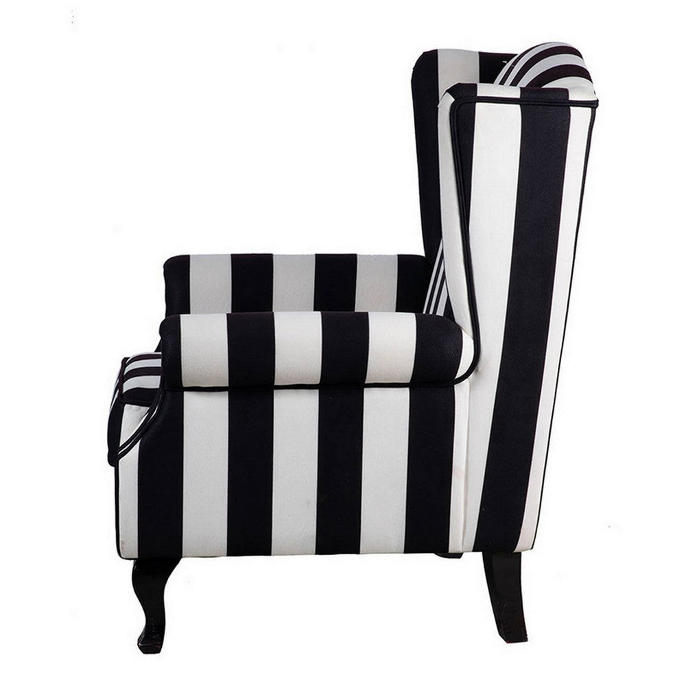 35 Inch Accent Armchair Black and White Stripes Wingback Wood and Foam By Casagear Home BM311984