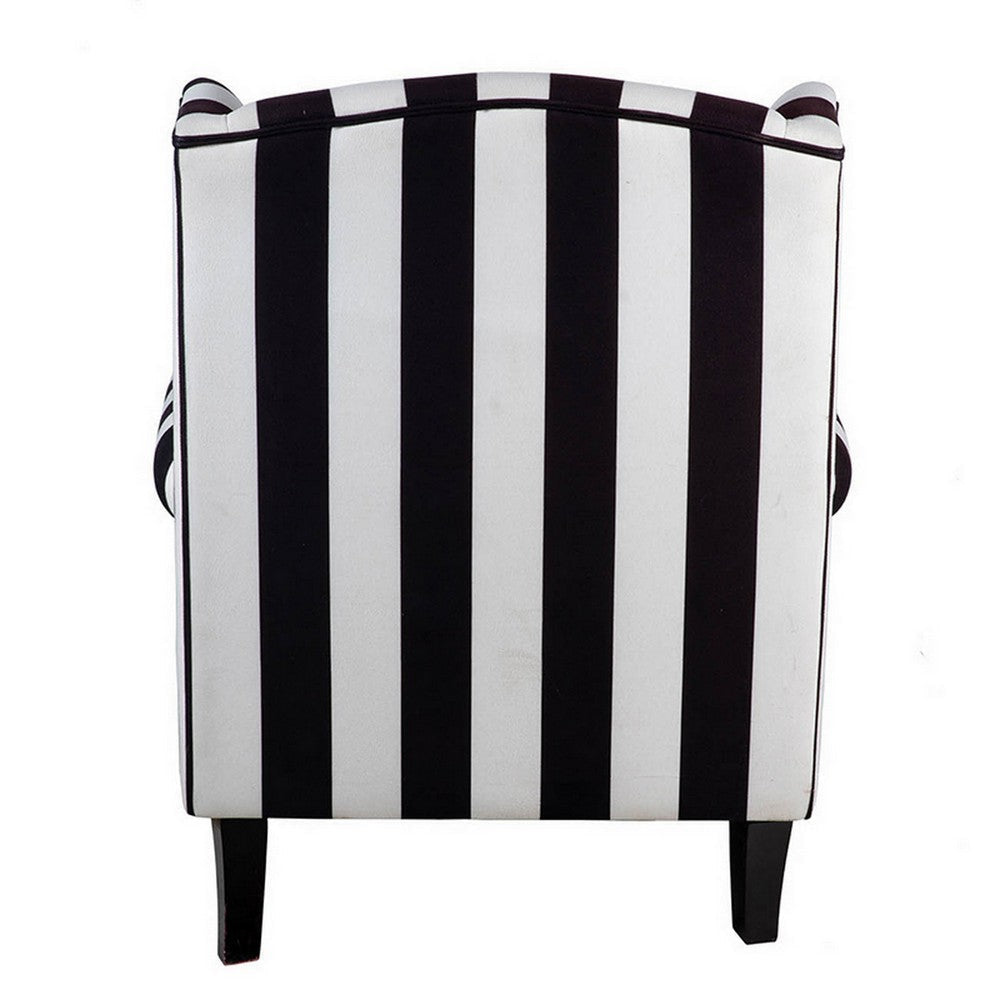 35 Inch Accent Armchair Black and White Stripes Wingback Wood and Foam By Casagear Home BM311984