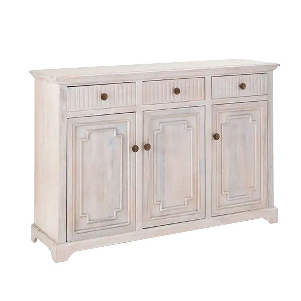 54 Inch Sideboard Buffet Cabinet, 3 Drawers, 3 Doors, Wood Frame, White By Casagear Home