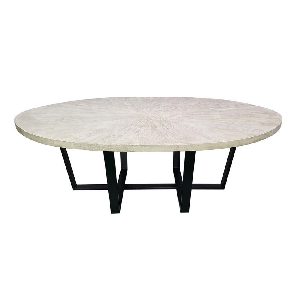 Raj 91 Inch Round Dining Table Cross Legged Iron Frame Cream White Wood By Casagear Home BM311996