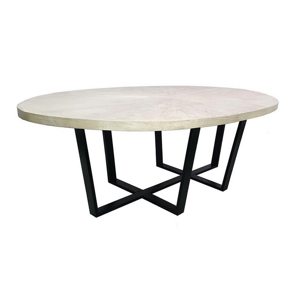 Raj 91 Inch Round Dining Table Cross Legged Iron Frame Cream White Wood By Casagear Home BM311996