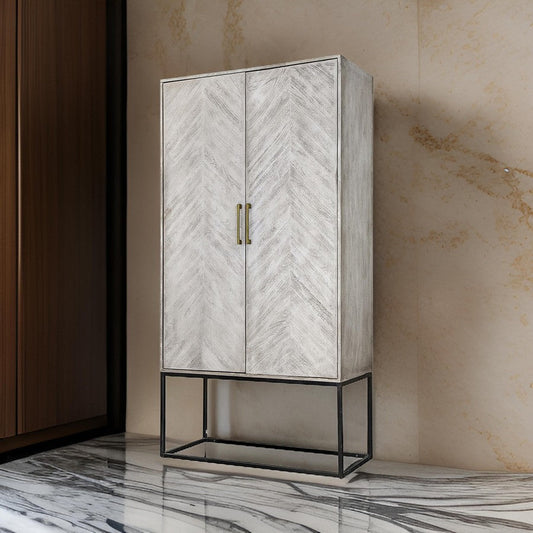 Jen 79 Inch Accent Cabinet Armoire Iron Stand Cream White Acacia Wood By Casagear Home BM311998