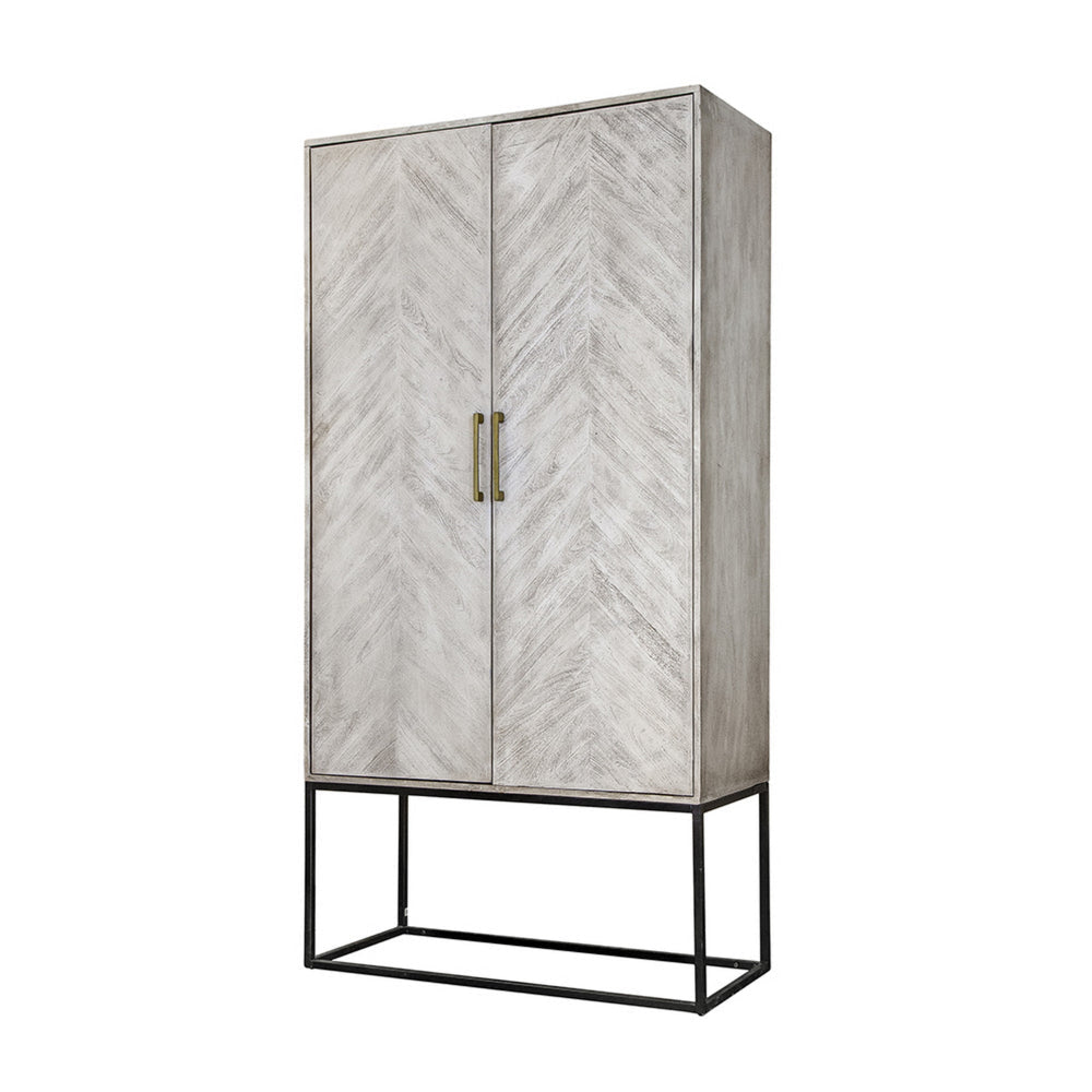 Jen 79 Inch Accent Cabinet Armoire, Iron Stand, Cream White Acacia Wood By Casagear Home