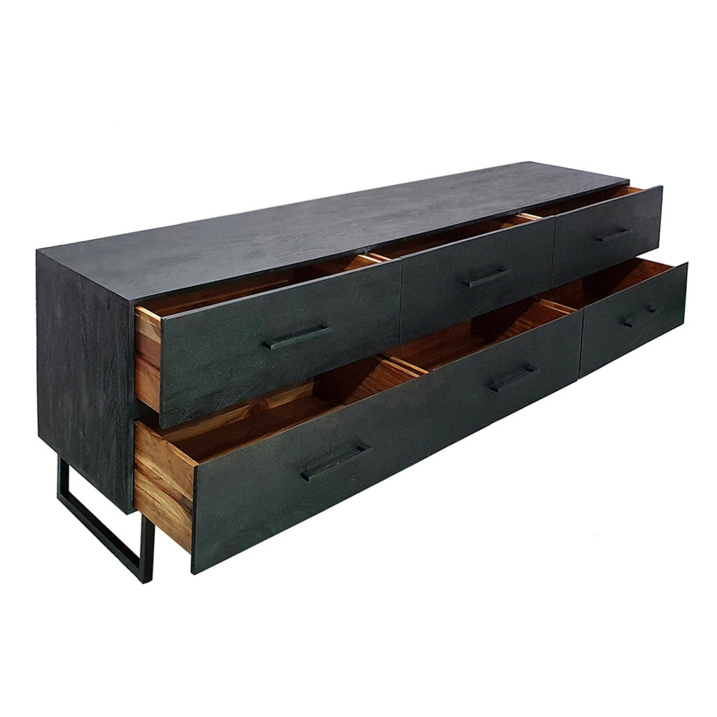 87 Inch Sideboard Cabinet 6 Drawers Iron Legs and Handles Wood Black By Casagear Home BM311999