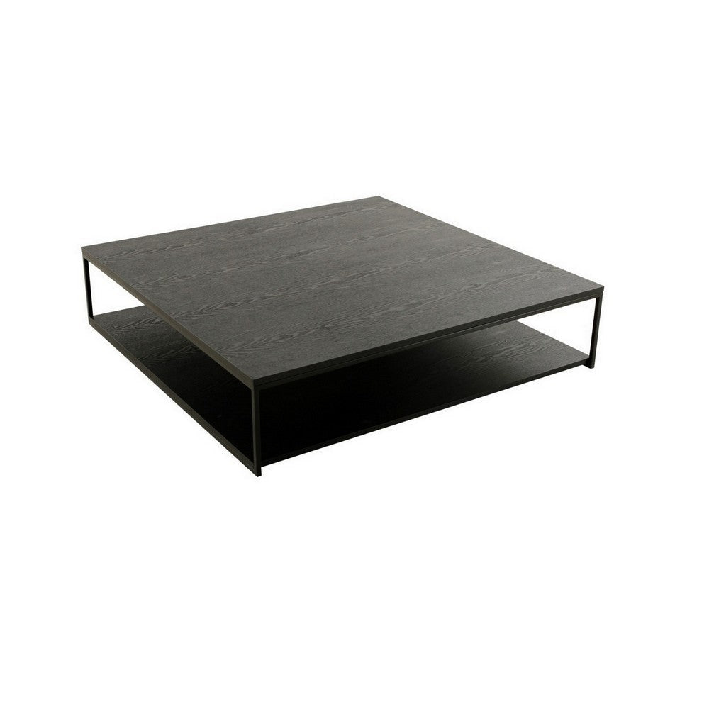 Cid Rive 48 Inch Coffee Table, Square Top, Shelf, Black Ash Veneer, Iron By Casagear Home