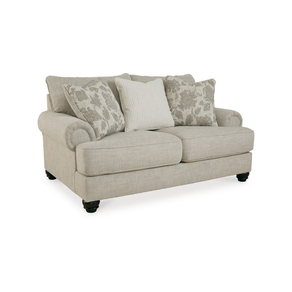 Asen 71 Inch Loveseat with 3 Accent Pillows, Roll Arms, Polyester, Beige By Casagear Home