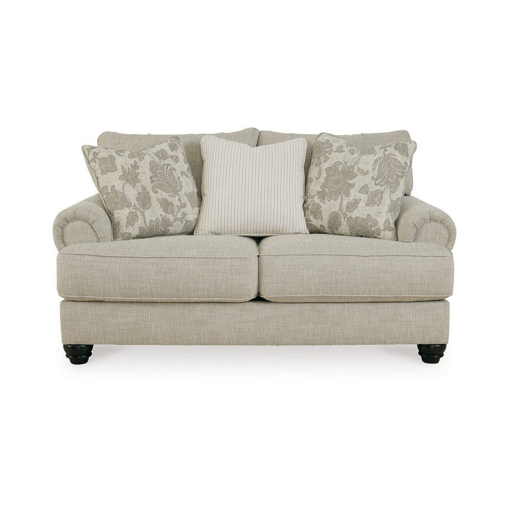 Asen 71 Inch Loveseat with 3 Accent Pillows Roll Arms Polyester Beige By Casagear Home BM312016