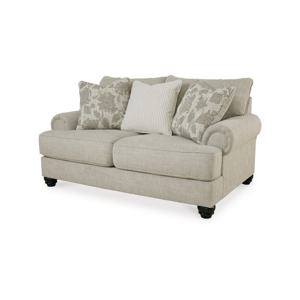 Asen 71 Inch Loveseat with 3 Accent Pillows Roll Arms Polyester Beige By Casagear Home BM312016