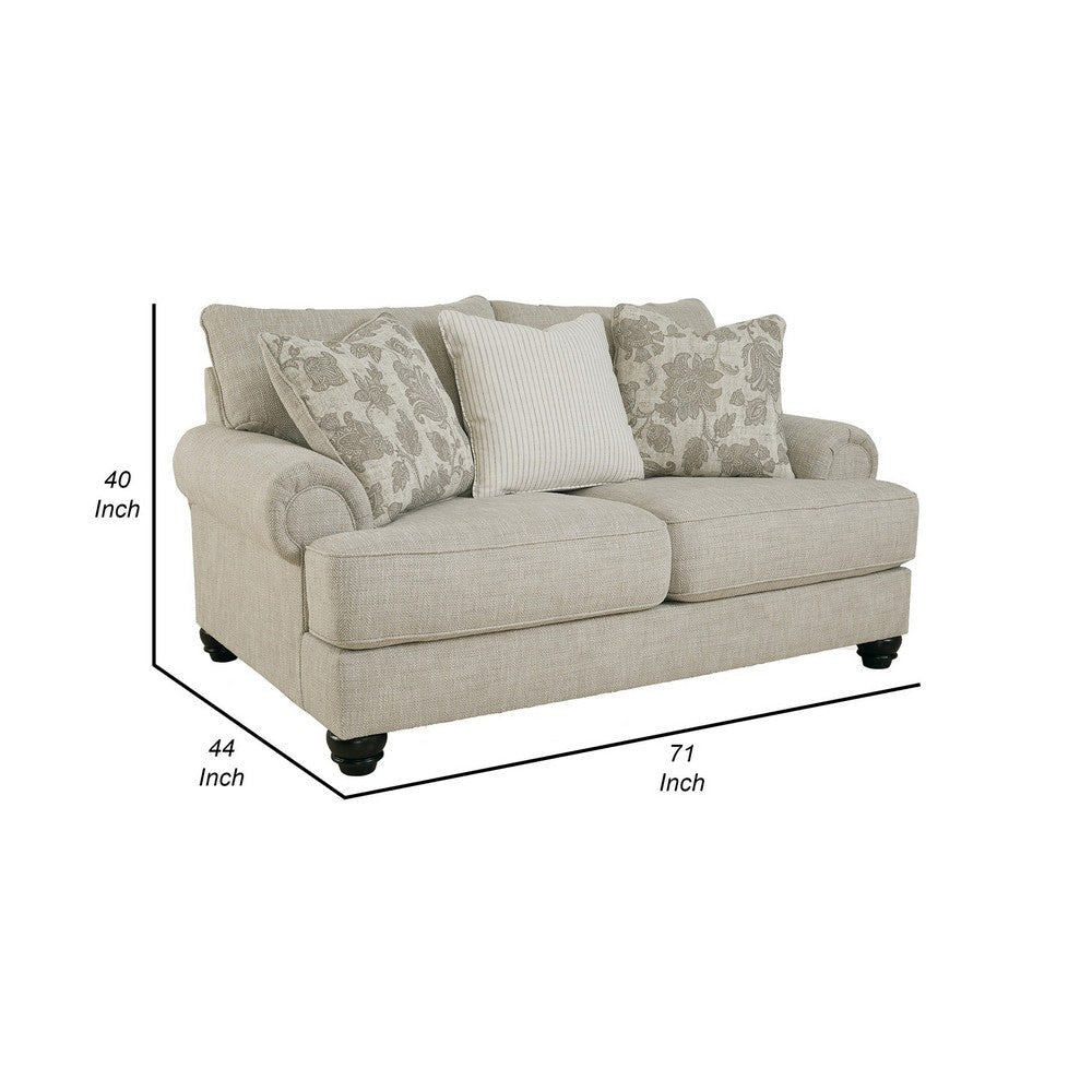 Asen 71 Inch Loveseat with 3 Accent Pillows Roll Arms Polyester Beige By Casagear Home BM312016