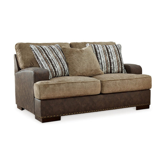 Srie 68 Inch Loveseat, Nailhead Trim, 3 Accent Pillows, Faux Leather, Brown By Casagear Home