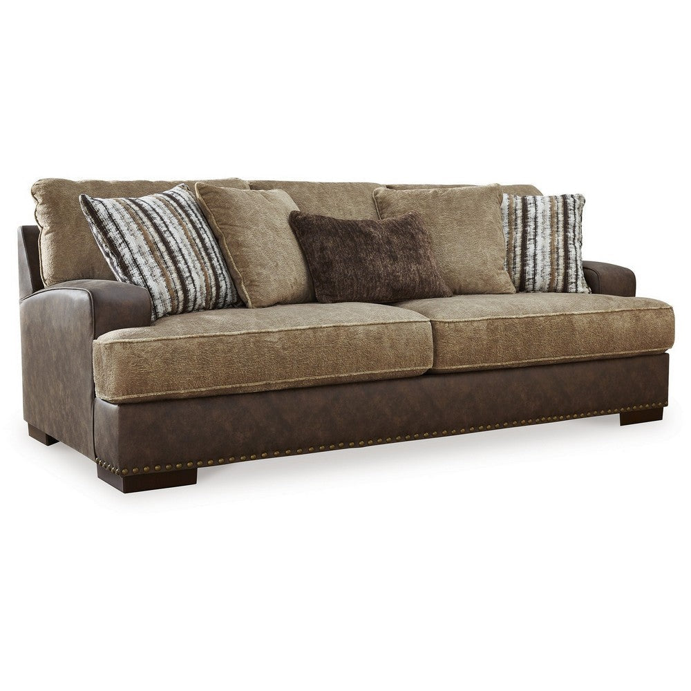 Srie 95 Inch Sofa, Nailhead Trim, 5 Accent Pillows, Brown Faux Leather By Casagear Home