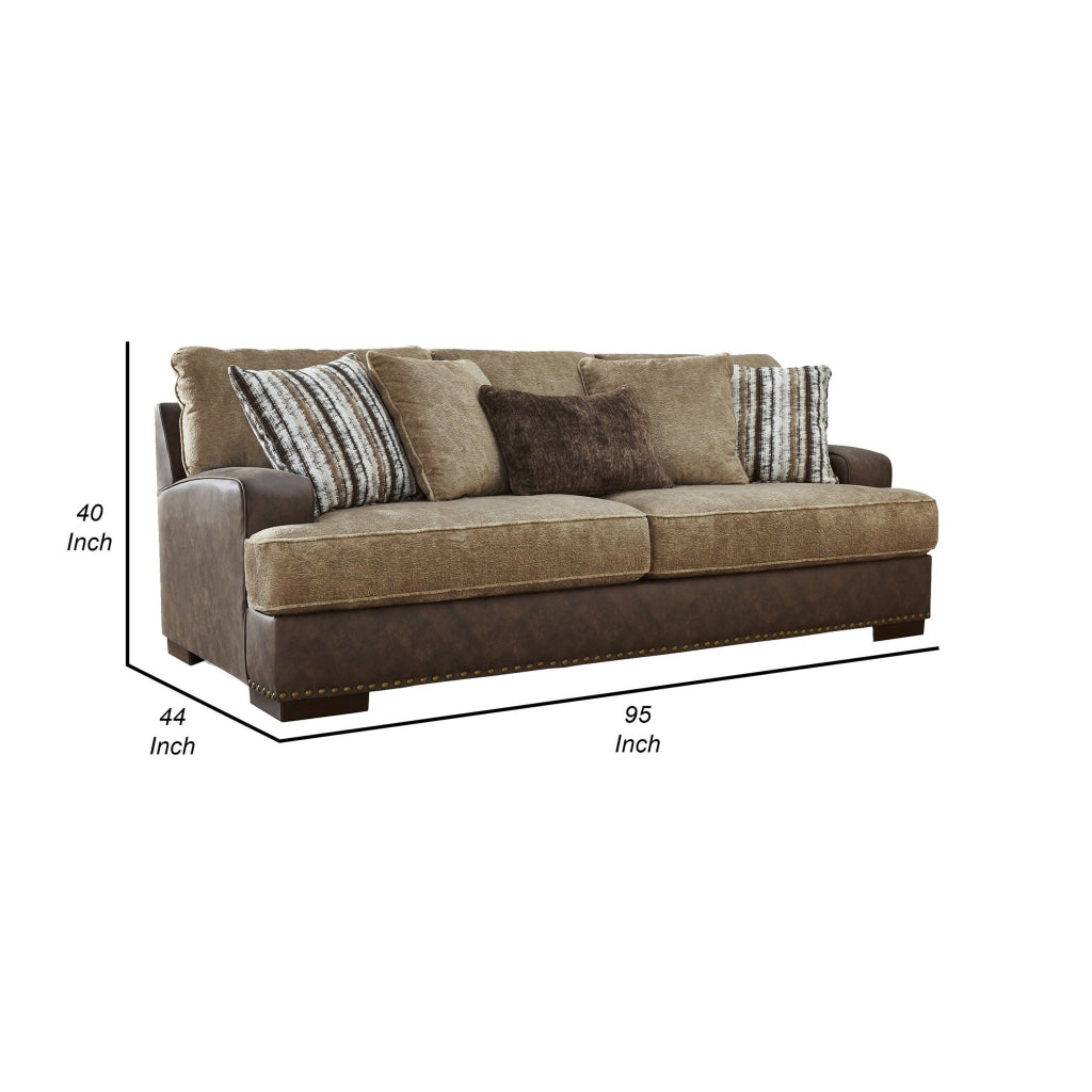 Srie 95 Inch Sofa Nailhead Trim 5 Accent Pillows Brown Faux Leather By Casagear Home BM312022