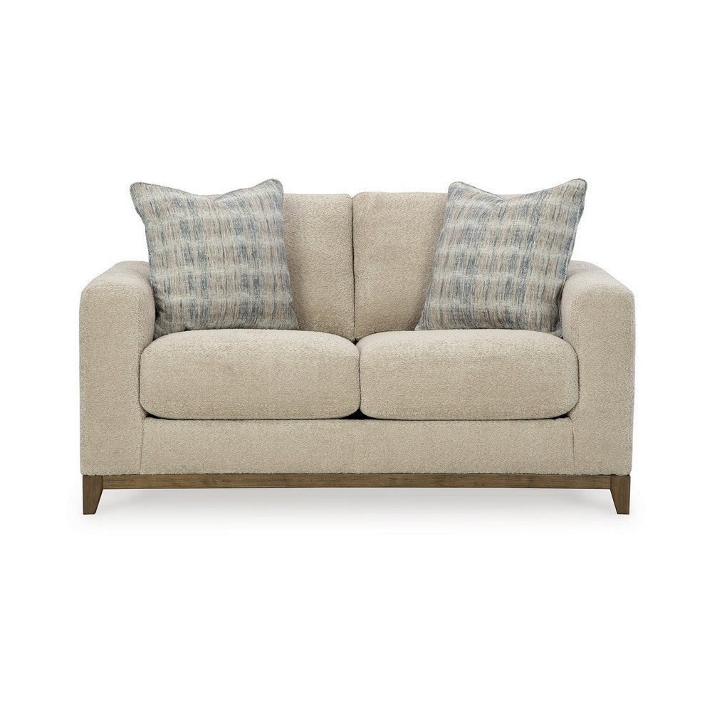 Klyn 67 Inch Loveseat with 2 Accent Pillows Beige Polyester Upholstery By Casagear Home BM312038