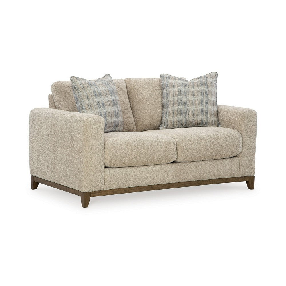 Klyn 67 Inch Loveseat with 2 Accent Pillows, Beige Polyester Upholstery By Casagear Home