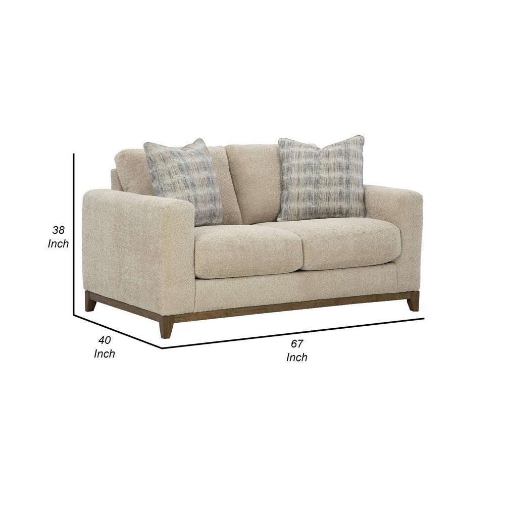 Klyn 67 Inch Loveseat with 2 Accent Pillows Beige Polyester Upholstery By Casagear Home BM312038