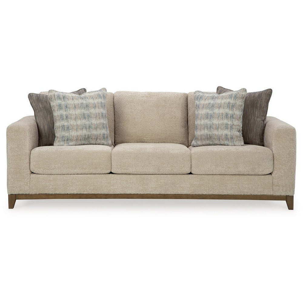 Klyn 93 Inch Sofa 4 Accent Pillows Faux Wood Feet Beige Polyester By Casagear Home BM312039