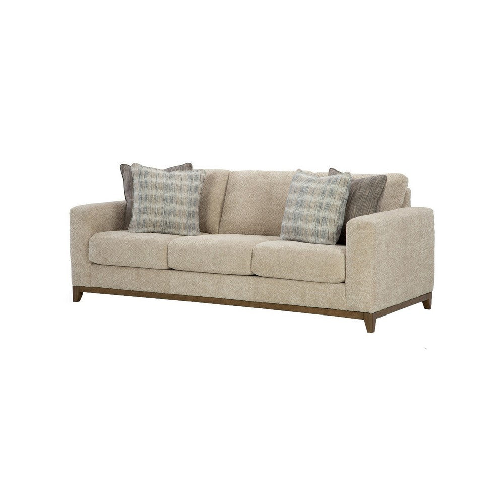 Klyn 93 Inch Sofa 4 Accent Pillows Faux Wood Feet Beige Polyester By Casagear Home BM312039