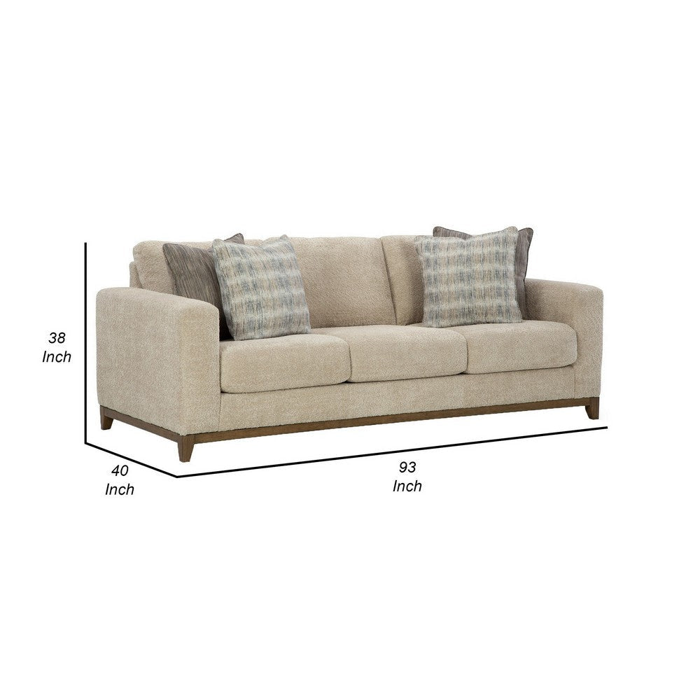 Klyn 93 Inch Sofa 4 Accent Pillows Faux Wood Feet Beige Polyester By Casagear Home BM312039