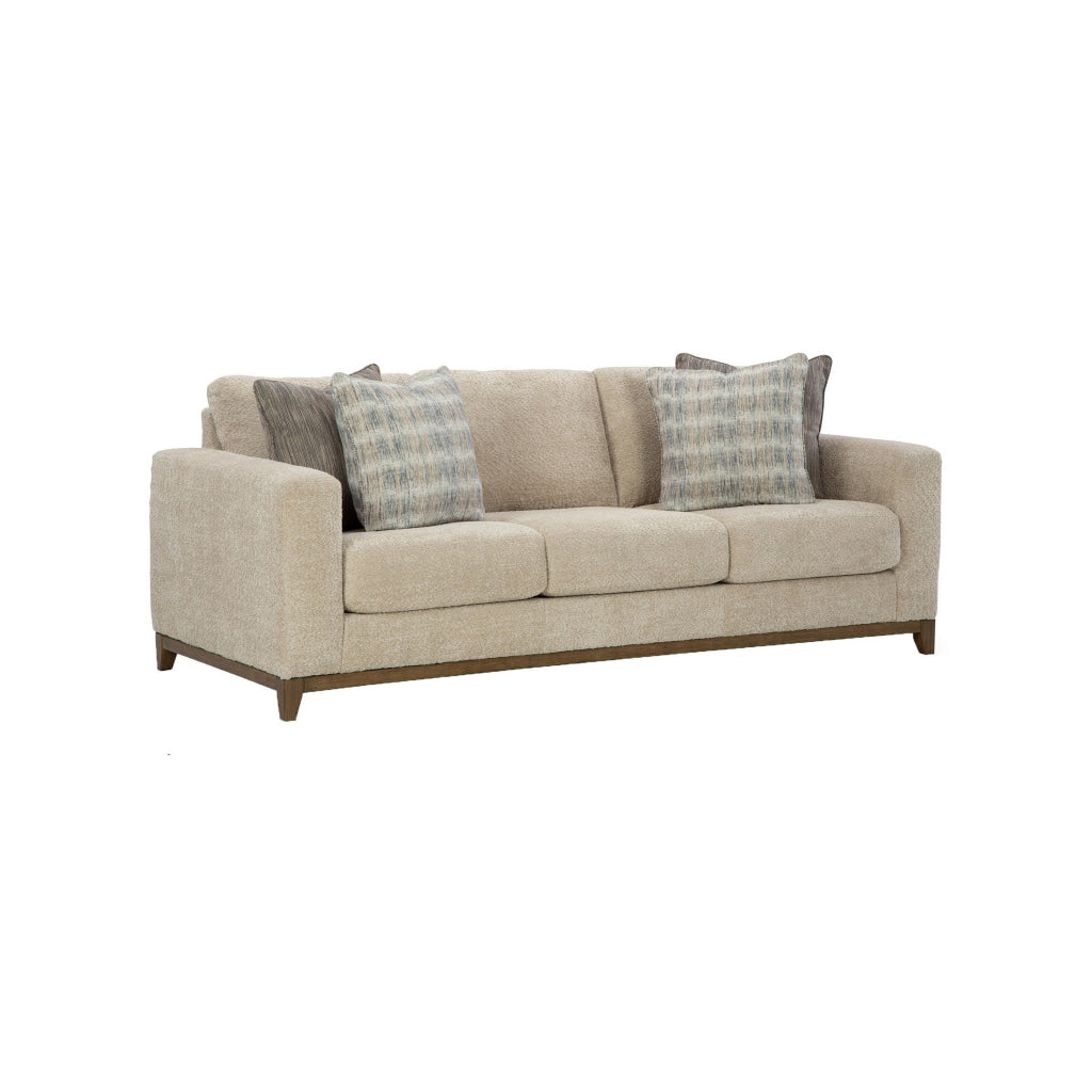 Klyn 93 Inch Sofa 4 Accent Pillows Faux Wood Feet Beige Polyester By Casagear Home BM312039