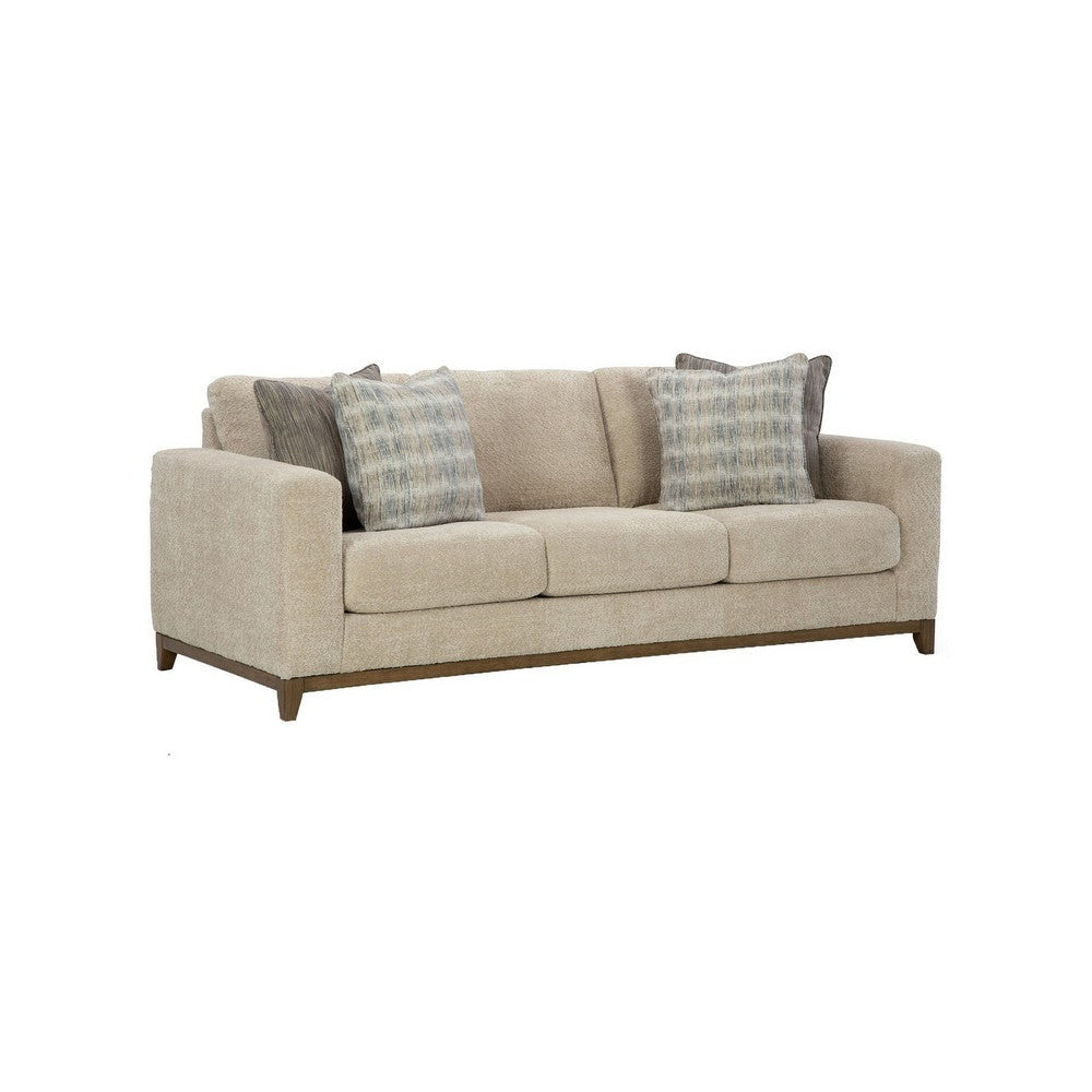 Klyn 93 Inch Sofa, 4 Accent Pillows, Faux Wood Feet, Beige Polyester By Casagear Home