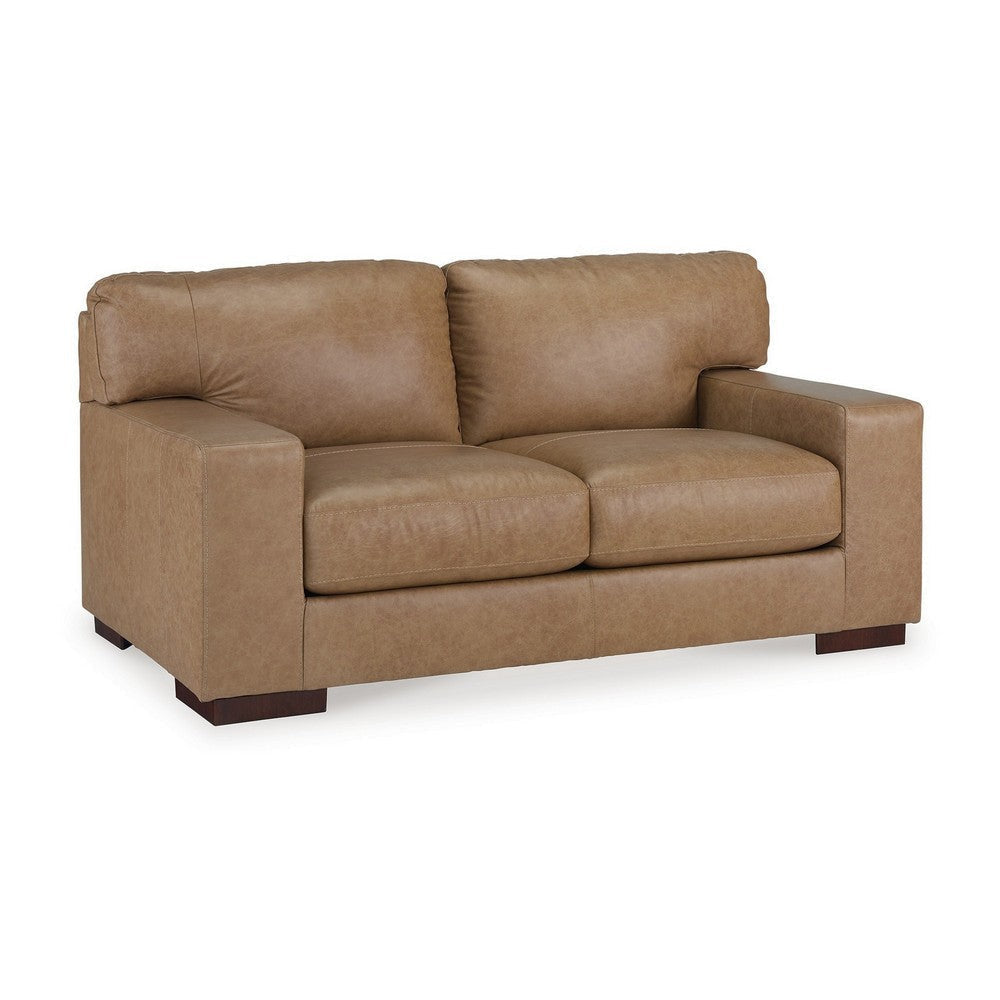 Aida 70 Inch Loveseat, Oversized Attached Cushions, Plush Brown Leather By Casagear Home