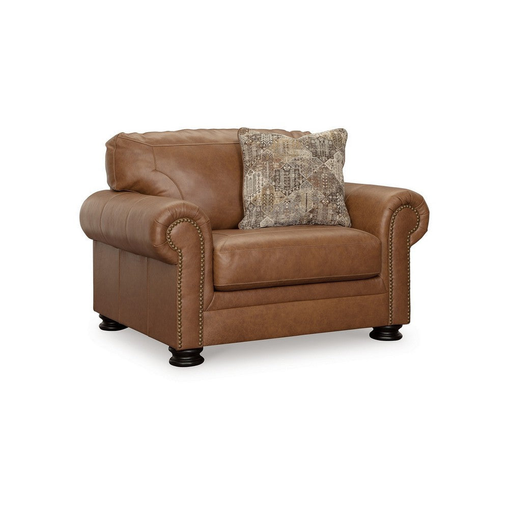 Riana 54 Inch Accent Chair with Pillow, Oversized, Caramel Brown Leather By Casagear Home