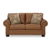 Riana 74 Inch Loveseat 2 Accent Pillows Caramel Brown Genuine Leather By Casagear Home BM312055