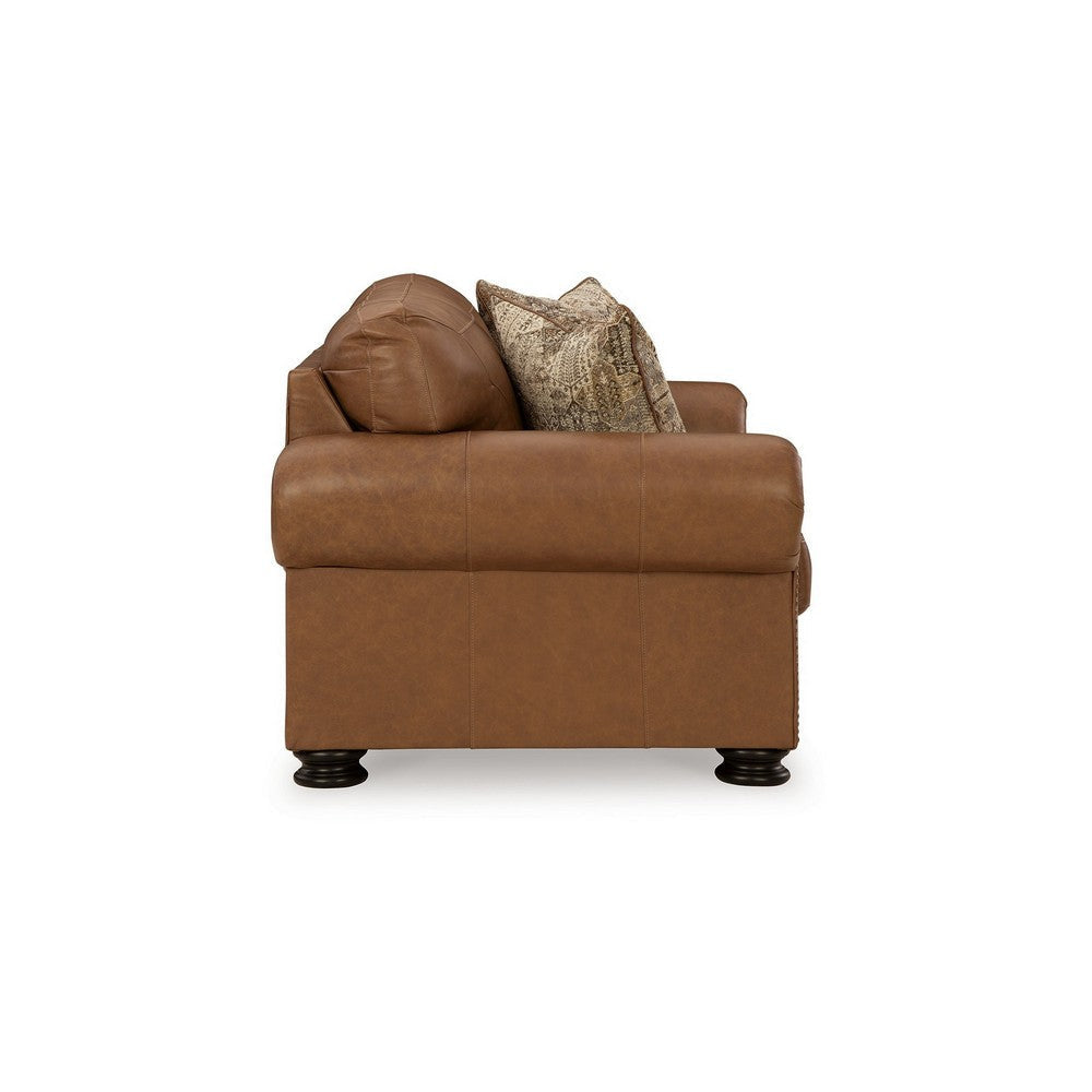 Riana 74 Inch Loveseat 2 Accent Pillows Caramel Brown Genuine Leather By Casagear Home BM312055