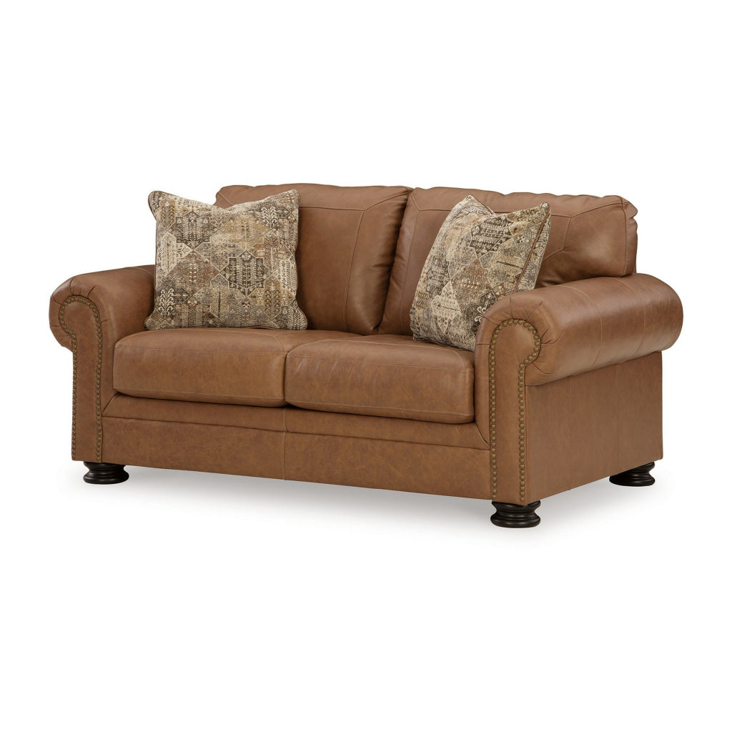 Riana 74 Inch Loveseat 2 Accent Pillows Caramel Brown Genuine Leather By Casagear Home BM312055